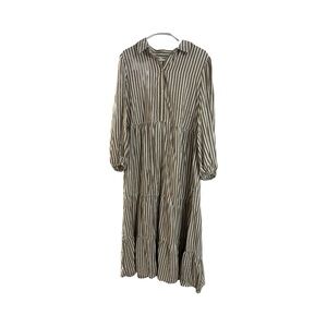 Max Studio London - Tan + White Striped Long Sleeve Half Button Maxi Dress NWOT